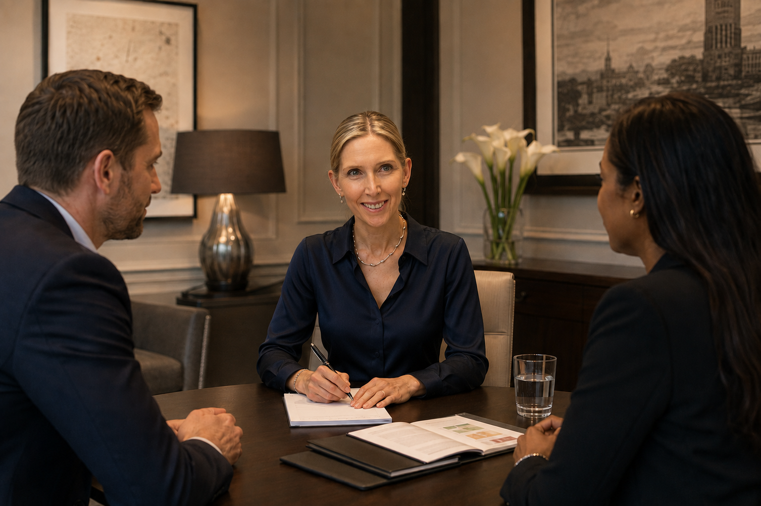 Clare Wallhead advising two business clients around a meeting table