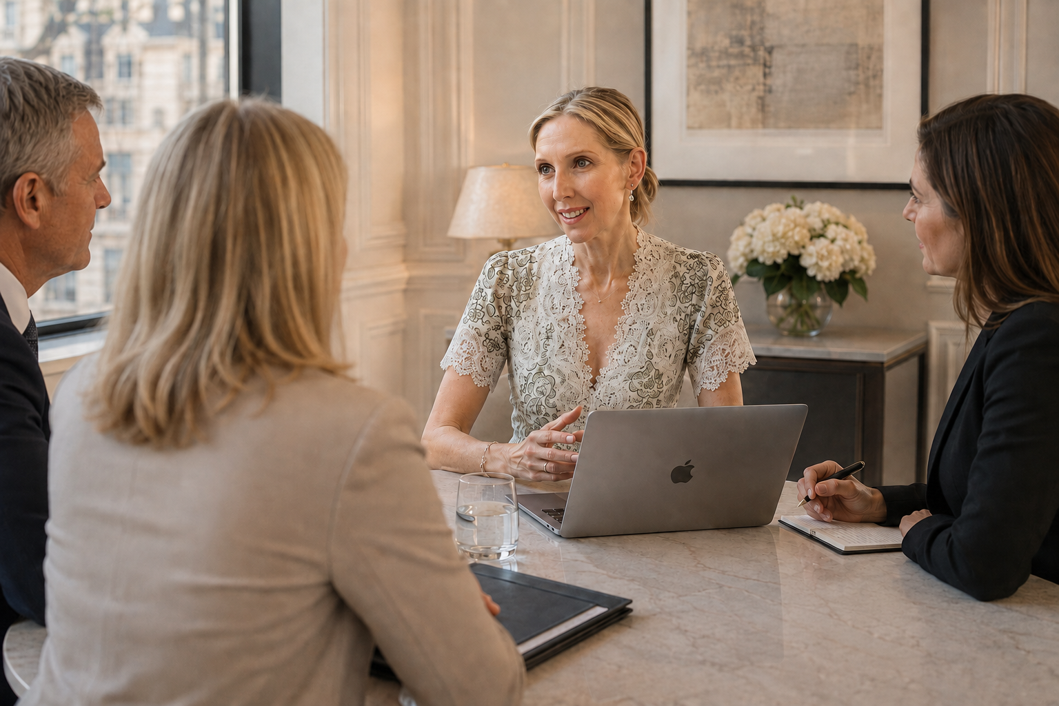 Clare Wallhead advising clients in a private meeting